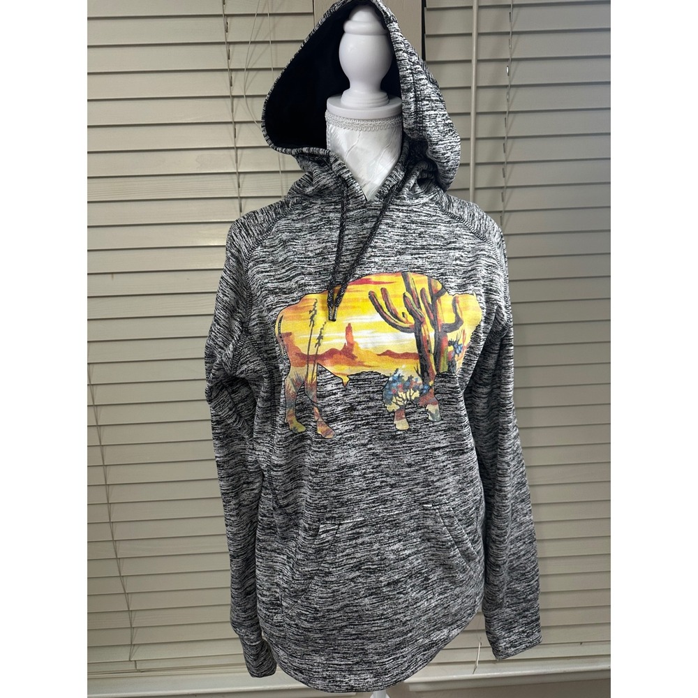 J. America Hoodie Womens Large Black White Space Dye Desert Bison Sunset Graphic